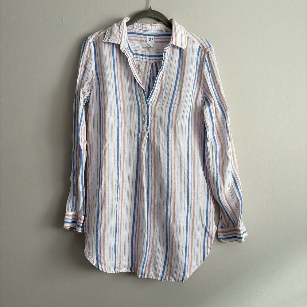 Gap 100% Linen Long Sleeve Striped Popover Tunic Shirt Womens XS Beachy Coastal